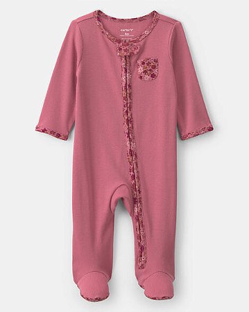 Pijama Macacão para Bebê Menina Floral em Algodão, com Zíper de Duas Vias – Rosa