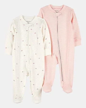 Kit com 2 Pijamas Infantis Femininos em Algodão com Zíper de Duas Vias