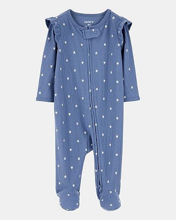 Pijama Infantil Feminino Canelado com Estampa Floral Delicada e Zíper de 2 Vias – Azul
