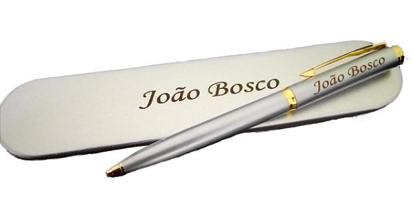 Caneta de Metal Prateada com detalhe Dourado e Estojo Personalizados