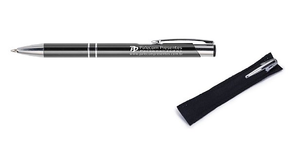 Caneta Metal Alumínio Personalizada Corpo Cinza + VELUDO - Lote 50 peças