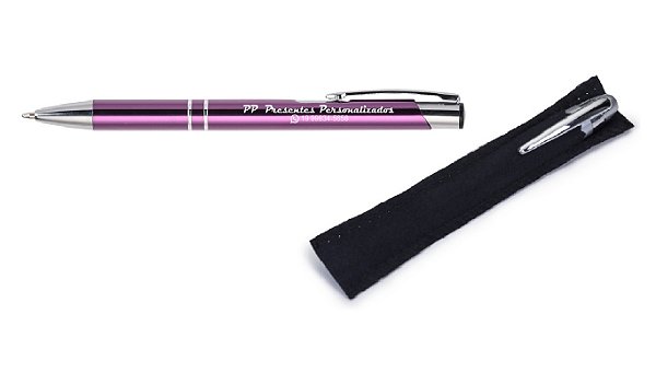 Caneta Metal Alumínio Personalizada Corpo ROSA com Capa Veludo - Lote 50 peças
