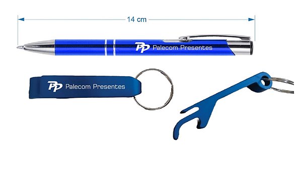 Caneta Metal e Chaveiro Alumínio Personalizado  Azul - Lote 50 peças