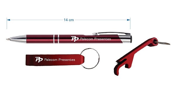 Caneta Metal e Chaveiro Alumínio Personalizado  Vermelho - Lote 50 peças