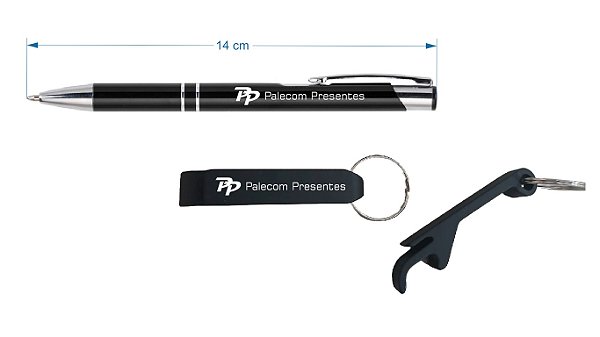 Caneta Metal e Chaveiro Alumínio Personalizado  Preto - Lote 50 peças