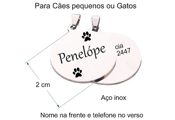 Placa Pet Redonda Inox para cães pequenos ou gatos