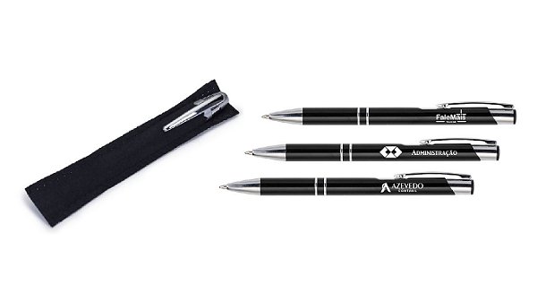 Lote Caneta de Metal Personalizada corpo preto + capa de veludo