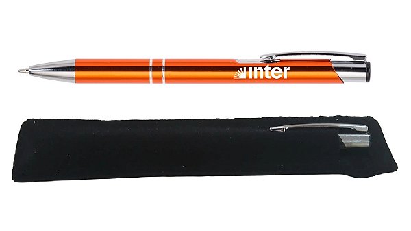 Caneta Metal Alumínio Personalizada Corpo Laranja + VELUDO - Lote 50 peças