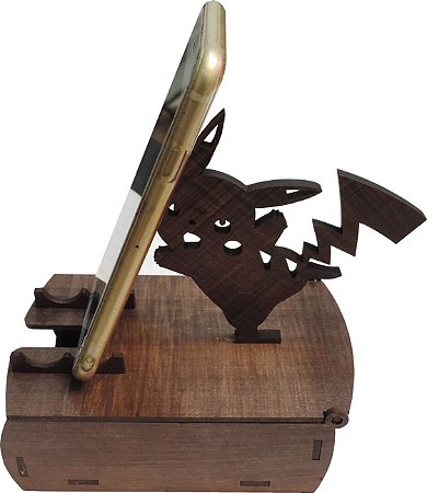 Suporte Celular Mesa Madeira com porta treco Pikachu