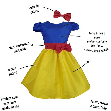 Vestido de Festa Infantil Princesa Fantasia Branca de Neve