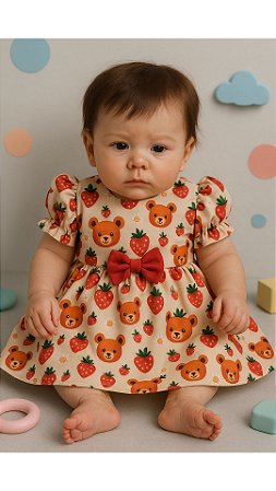 Vestido Para Boneca Reborn bebê realista estampa de Urso e Morango
