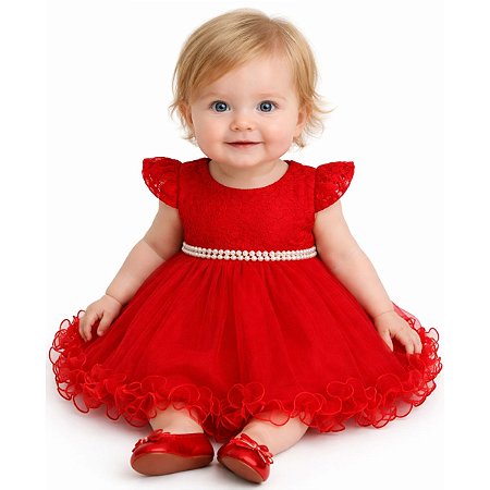 Vestido Bebê Festa Natal Tulle Renda Pérolas Fru-Fru 0 a 9 Meses Vermelho