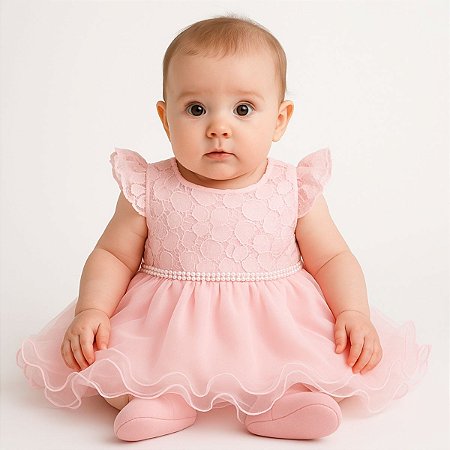 Vestido Para Bebê Rosa Tulle e Renda
