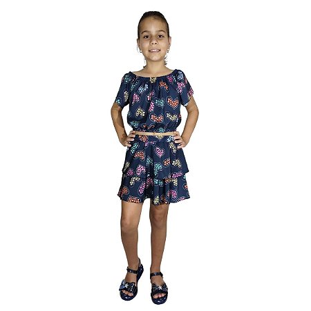 Roupa Infantil Menina Cropped E Saia Estampa Coração Azul