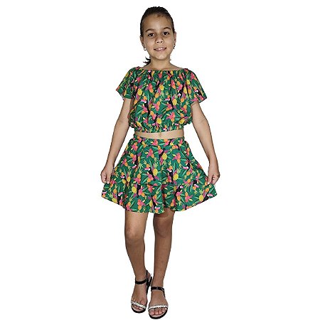 Conjunto Infantil Menina Cropped Com Saia Estampa Tucano Verde