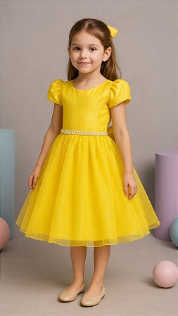 Vestido Infantil Princesa de Festa Aniversário Amarelo Fantasia