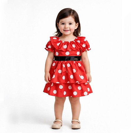 Vestido Infantil de Bolinhas Branca Tam 1 a 4 Anos Minnie Vermelho