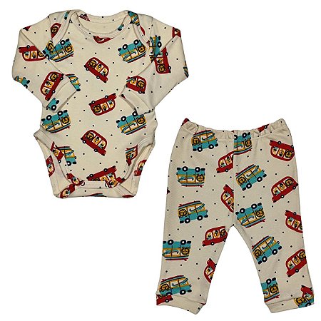 Conjunto de Roupas Para Bebê Body + Mijão Malha 100% Algodão Safari Creme