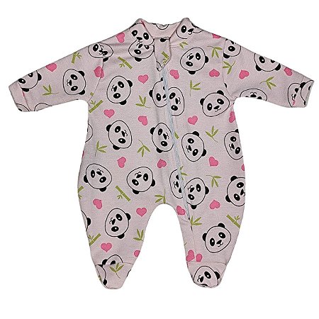 Macacão Roupinha Para Bebê Com Zíper Moletinho Panda Rosa