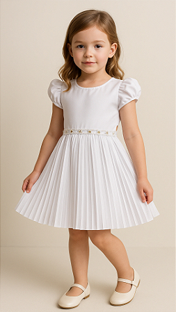 Vestido Infantil Branco Saia Plissada Com Cinto de Pérolas