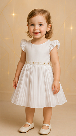 Vestido Infantil Branco Saia Plissada Com Cinto de Pérolas Tam 1 ao 4 Anos