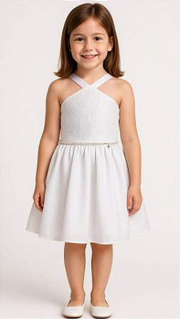 Vestido Infantil Branco Peitoral com Renda e Alça em V