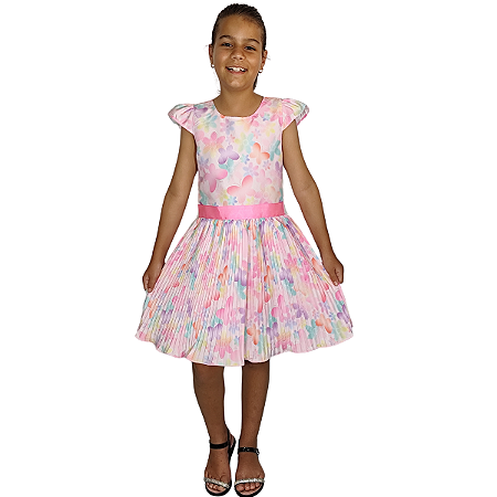 Vestido de Festa Infantil Borboleta Colorido Rosa