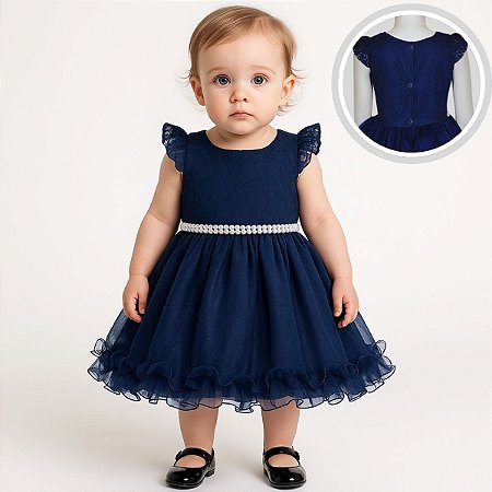 Vestido Infantil Azul Marinho Festa Menina Tule Renda Pérolas Fru-Fru 1 a 4 Anos