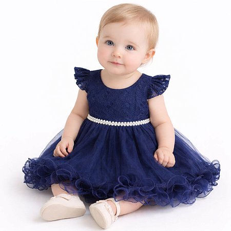 Vestido Para Bebê Azul Marinho Com Tulle e Renda Mesversario
