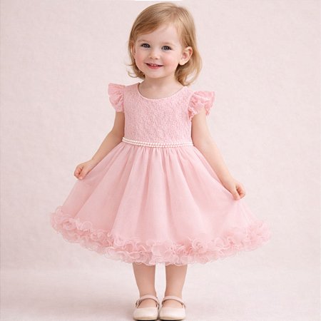 Vestido Infantil de Festa Com Renda e Tulle Rosa Tam 1 ao 4