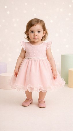 Vestido Infantil de Festa Com Renda e Tulle Rosa Tam 1 ao 4