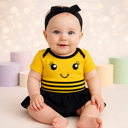 Body Fantasia Mesversario Para Bebê Abelhinha Preto e Amarelo