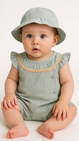 Macacão Bebê Banho de Sol em 100% Algodão Pimpão Com Chapéu Verde