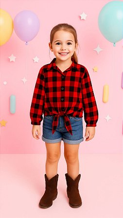 Camisa Xadrez Menina Cowgirl Blusa Infantil Look Festa Junina Rodeio Vermelho