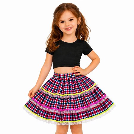 Saia Infantil Curta Estampa Xadrez Junino Pink