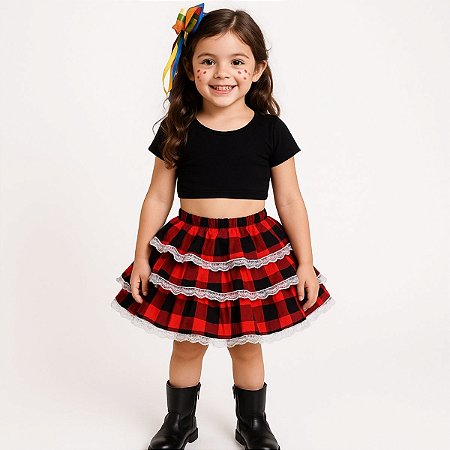 Saia Infantil Curta Estampa Xadrez Junino Vermelho Com Preto
