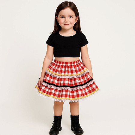 Saia Infantil Curta Estampa Junino Xadrez Vermelho Com Branco