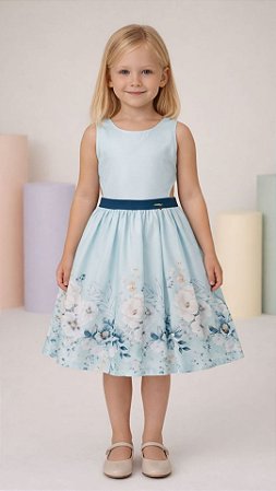 Vestido Festa Infantil Azul Claro Florido Menina Elegante
