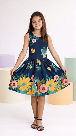 Vestido Infantil Floral Menina Rodado Festa Aniversário Arara Azul