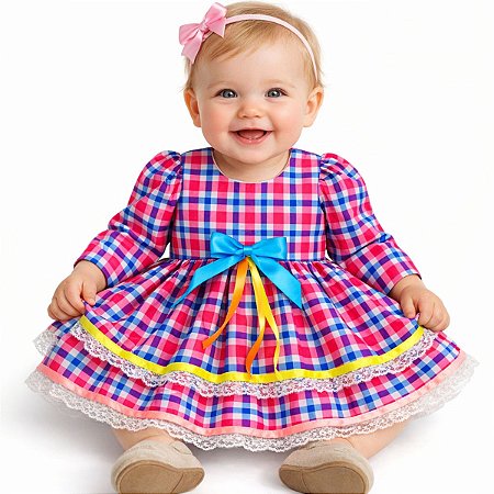 Vestido Festa Junina Bebê Xadrez Pink com Laço e Renda