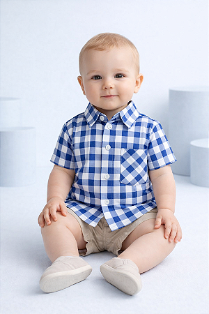 Camisa Xadrez Bebê Azul Cowboy Festa Junina Country Rodeio Infantil