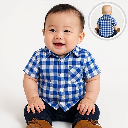 Camisa Xadrez Bebê Azul Cowboy Festa Junina Country Rodeio Infantil