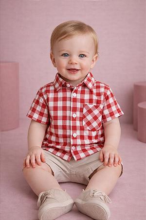Camisa Bebê Junina Xadrez Vermelho Cowboy Festa Country Rodeio Infantil