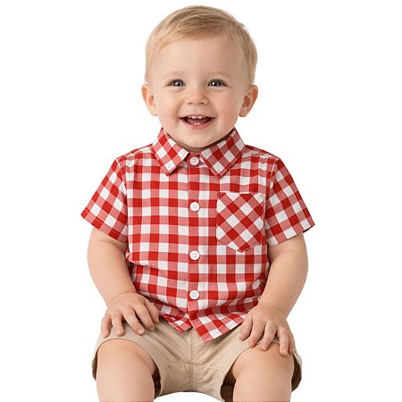 Camisa Bebê Junina Xadrez Vermelho Cowboy Festa Country Rodeio Infantil