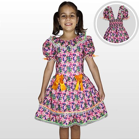 Vestido Festa Junina Infantil Rosa com Renda e Laços Arraiá São João Caipira