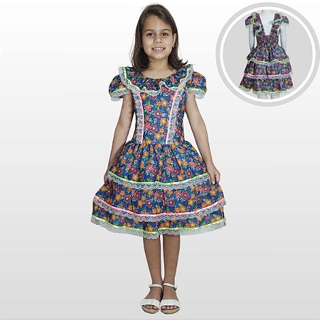 Vestido Junino Infantil Floral Azul 100% Algodão Festa São João
