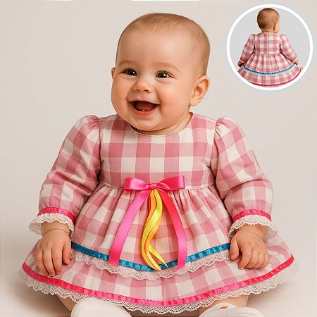 Vestido Junino Bebê Xadrez Rosa com Laço Colorido e Renda