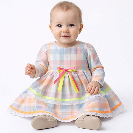 Vestido Junino Bebê Xadrez Colorido com Renda e Fitas Neon