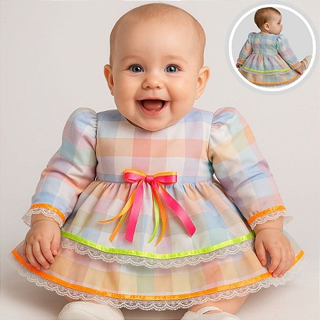 Vestido Junino Bebê Xadrez Colorido com Renda e Fitas Neon
