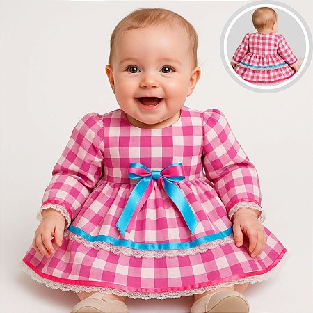 Vestido Junino Bebê Xadrez Rosa 100% Algodão com Renda